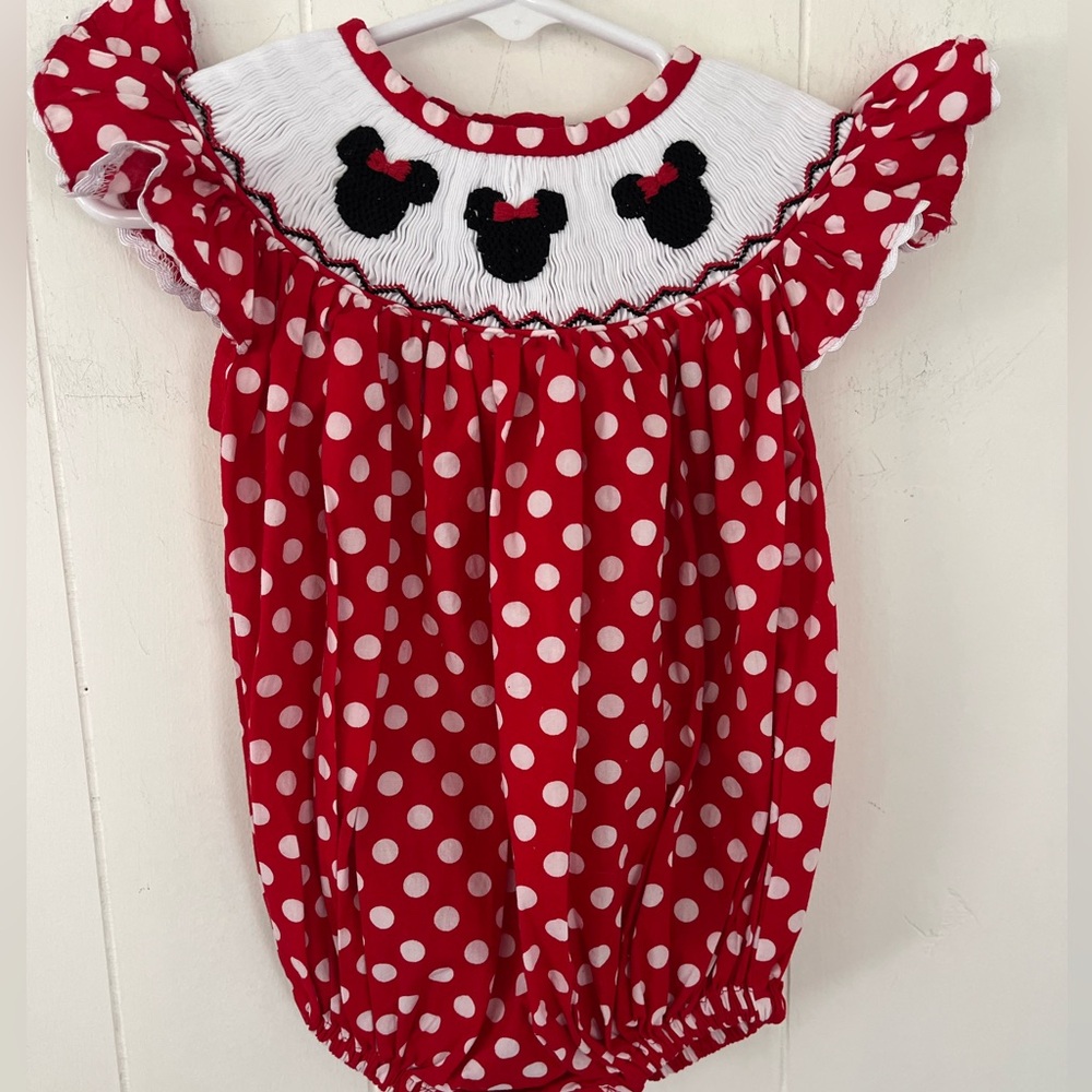 Pleats & Stitches Mouse Ears Smocked Romper Red Polka Dot Minnie Bubble 6 Months - Picture 7 of 15